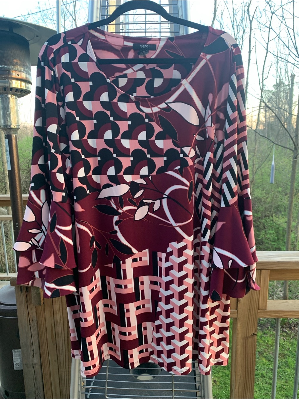 Alfani Burgundy, Pink & Black Mixed-Print Ruffle-Sleeve Tunic